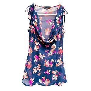 G By Guess Y2K Blue Floral Top Sz S Fairy Romantic Coquette Sheer Cowl Neck